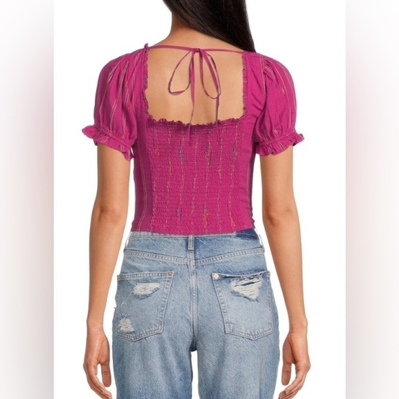 NWT Free People Seratonin Corset Smocked Puff Sleeve Top Raspberry Pink Medium - Picture 2 of 10